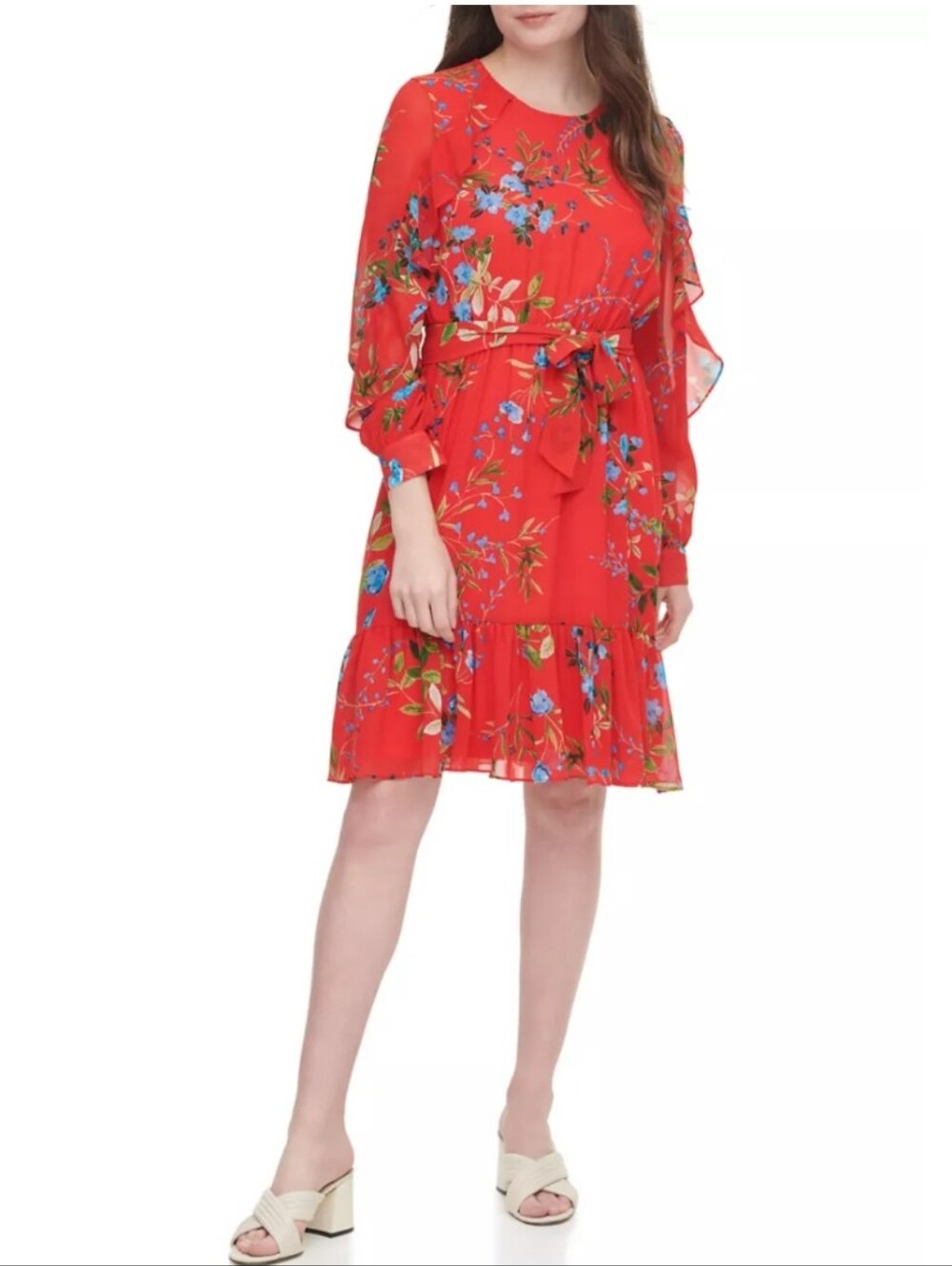 Calvin Klein Red Blue Chiffon Floral Print Dress Size L